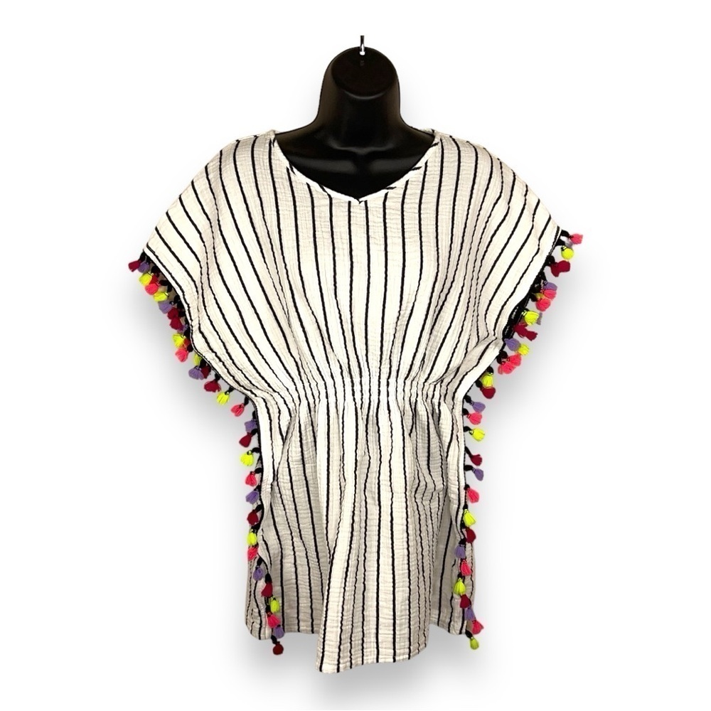MEDIUM STRIPED BOHO COLORFUL TASSEL ACCENT BOHO BOHEMIAN TOP